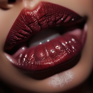 Tamanna Bhatia's full lips take center frame, the camera capturing every curve and contour in an extreme close-up shot. The lips, a rich brownish red hue, glisten with subtle moisture, evoking the appearance of luscious plum fruit. Soft focus blurs the background, drawing attention to the subject's sensual pout.