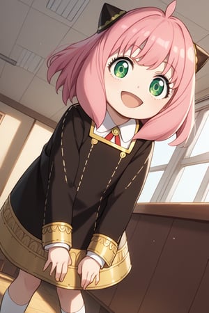 score_9, score_8_up, score_7_up, source_anime,anyaforger, ,anya forger, anya forger, bangs, green eyes, pink hair, ahoge, hair ornament, hairpods, child, female child, smile,long sleeves, dress, school uniform, socks, black dress, eden academy school uniform,indoors, classroom, bent over, open mouth,looking at viewer, cowboy shot, dutch angle,