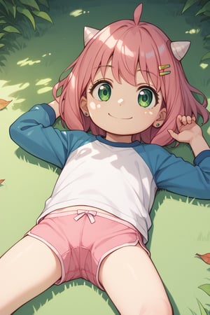 score_9, score_8_up, score_8_up, solo, 1 child, anya forger, bangs, green eyes, pink hair, ahoge, hair, small horns in hair, earrings, hair clip, raglan sleeves, in pink underwear, lying on grass, legs spread, smile, sunlight, shadows, natural lighting, leaves