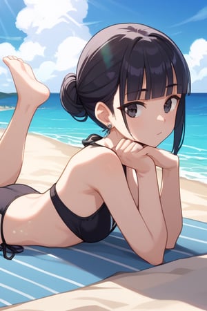 source_anime, score_9, score_8_up, score_7_up, anime screencap, absurdres, official style,chi-chi, bangs, black hair, blunt bangs, sidelocks, hair bun, single hair bun, black eyes, earrings,black bikini, barefoot, beach, dappled sunlight, lying on stomach, looking at viewer, ocean, from side,