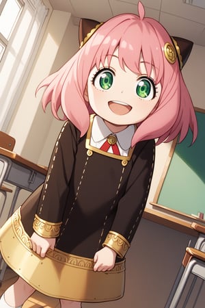 score_9, score_8_up, score_7_up, source_anime,anyaforger, ,anya forger, anya forger, bangs, green eyes, pink hair, ahoge, hair ornament, hairpods, child, female child, smile,long sleeves, dress, school uniform, socks, black dress, eden academy school uniform,indoors, classroom, bent over, open mouth,looking at viewer, cowboy shot, dutch angle,