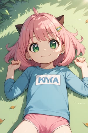 score_9, score_8_up, score_8_up, solo, 1 child, anya forger, bangs, green eyes, pink hair, ahoge, hair, small horns in hair, earrings, hair clip, raglan sleeves, in pink underwear, lying on grass, legs spread, smile, sunlight, shadows, natural lighting, leaves