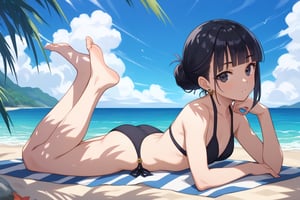 source_anime, score_9, score_8_up, score_7_up, anime screencap, absurdres, official style,chi-chi, bangs, black hair, blunt bangs, sidelocks, hair bun, single hair bun, black eyes, earrings,black bikini, barefoot, beach, dappled sunlight, lying on stomach, looking at viewer, ocean, from side,