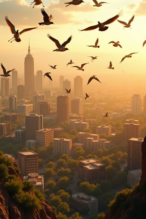 Vast flock of birds in varied plumage descends upon the majestic cityscape of Phoenix, Arizona. Sun-kissed buildings and lush greenery provide a vibrant backdrop as the birds, some with outstretched wings, others in mid-air formation, converge on the metropolis. Golden light casts long shadows amidst the urban landscape.