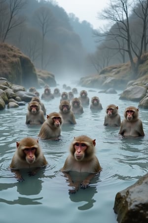 Jigokudani Monkey Park, a group of Japanese wild macaques bathing in hot springs