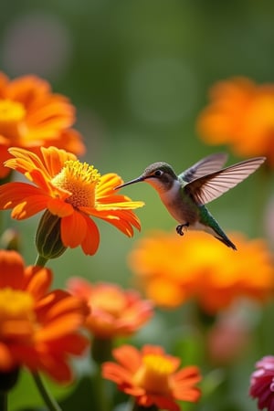 A close-up shot of a tiny hummingbird hovering in front of a vibrant flower bed, its iridescent feathers glistening in the warm sunlight. The bird's long beak is extended, sniffing out nectar as it darts from bloom to bloom. Soft focus on the flowers' delicate petals and the blurred background of lush greenery.