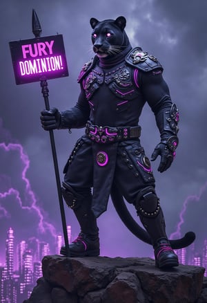 An imposing, anthro leopard with intense purple eyes, depicted in a realistic furry style, stands on a rocky outcrop, exuding raw power. The leopard is adorned in advanced, battle-ready armor with neon purple accents and holds a sign that says 'FURY DOMINION!' while wielding a futuristic spear. The background features a mix of dark, stormy clouds and pulsating digital waves, conveying a sense of fury and dominance