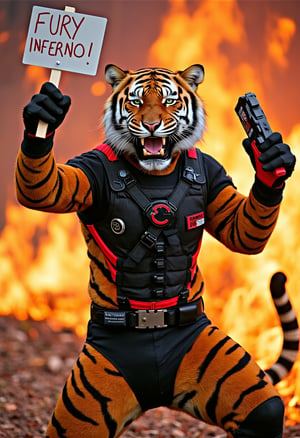 A powerful, anthro tiger with piercing green eyes, shown in a realistic furry style, roars defiantly. It is dressed in a sleek, modern combat suit with fiery, red highlights. The tiger holds a sign reading 'FURY INFERNO!' and a high-tech gadget in the other hand. The background is a blaze of fiery colors and abstract digital patterns, creating a sense of explosive energy and fury.