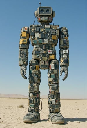 a huge robot made of discarded consumer electronics stands on a tiny moon surrealism