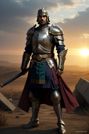 While the Ottoman janissary agha looks straight ahead on the battlefield, there are fallen soldiers and a ruined battlefield in the background. The Janissary agha stands majestically, dressed in his armor, with his mace in one hand and his shield in the other. The sun was setting and the rays of light reflected on his shield and armor.