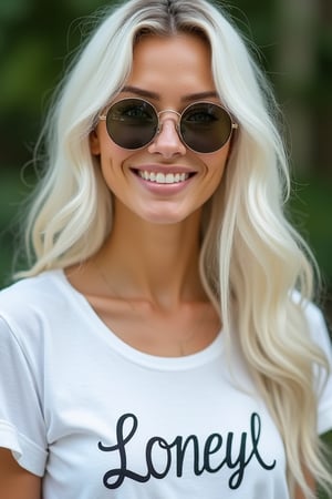 1woman,28 years old,smiling,white long hair,green eyes,round sunglasses,white open t-shirt,(((on the t-shirt,loneyl)))writes(best quality,high level :),(vibrant colors,colour :), (bokeh),(full length portraits), (studio lighting),(ultra fine image),(sharp) focus),(highly detailed eyes, body and face),(detailed lips),(beautiful detailed eyes),( long eyelashes)