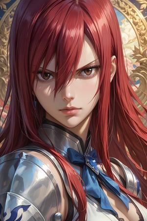 score_9, score_8_up, score_7_up, masterpiece, best quality, absurdres, very aesthetic, source_anime, detailed illustration, 8k UHD, (detailed background:1.1), looking at viewer, 1girl,solo,erza scarlet,long hair,red hair,hair between eyes,brown eyes