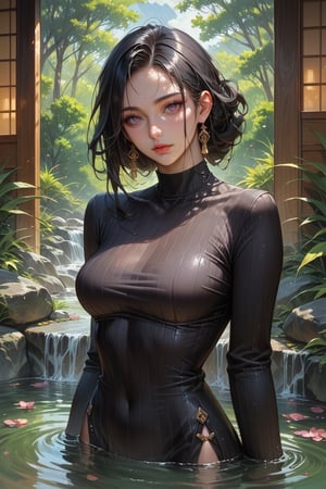 score_9, score_8_up, score_7_up, masterpiece, best quality, absurdres, very aesthetic, source_anime, detailed illustration, 8k UHD, (detailed background:1.1), looking at viewer, 1girl, solo, beautiful face,in hot spring, black hair, black shirt, long sleeve