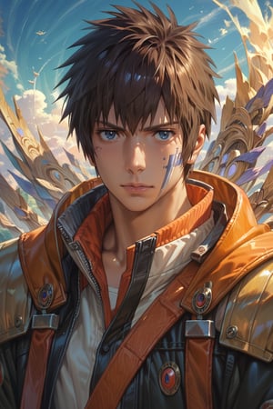 score_9, score_8_up, score_7_up, masterpiece, best quality, absurdres, very aesthetic, source_anime, detailed illustration, 8k UHD, (detailed background:1.1), looking at viewer, 1boy, solo, handsome face,tachibana_taki,brown hair,blue eyes