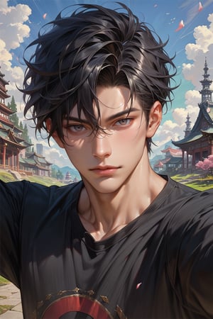 score_9, score_8_up, score_7_up, masterpiece, best quality, absurdres, very aesthetic, source_anime, detailed illustration, 8k UHD, (detailed background:1.1), looking at viewer, 1boy, solo, handsome face, black hair, black shirt, long sleeve, selfie pose