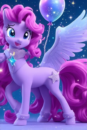 pony feral full body mare, pony tall anatomy no human, mlp style,g4 tall pony adopt base, Skin; soft lavender with hints of pink, shimmering under light. Eyes; (((bright sky-blue))), wide and full of joy, yet focused and thoughtful. Mane; a unique mix of Pinkie’s wild curls and Twilight’s sleekness, styled into a playful side twist, magenta and deep violet strands blending together with pink streaks running throughout, the bangs flow gently to one side with loose curls adding bounce. Tail; a voluminous spiral, combining structured flow, streaks of magenta, pink, and purple intertwine perfectly. Cutie Mark; (((a sparkling balloon and star))), representing a fusion of magic and laughter, with the balloon glowing slightly. Pose; standing confidently, one hoof raised, wings open in mid-flap, holding a (((magic wand))) that releases colorful confetti. Accessories; a flowing cape with crystal blue star clasps, covered in shimmering, delicate party streamers. Stylish foreleg cuffs are studded with tiny stars, and around the neck, a balloon-shaped gemstone pendant that glows depending on mood. An elegant (((scroll pouch))) sits on the side, filled with magical party favors.,masterpiece,cartoon,niji style