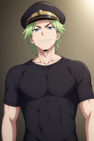 high quality, Masterpice, beautiful, (medium long shot). 1boy, solo, green_hair, military_hat, casual military shirt, black shirt, smug face