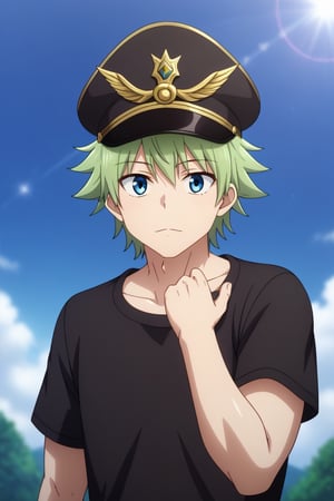 high quality, Masterpice, beautiful, (medium long shot). 1boy, solo, young, green_hair, short hair, military_hat, casual military shirt, black shirt, light laugh