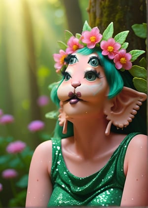 A woman sitting looking up, hand on face, green freckles, green chicken pox, legs crossed, four ugly eyes, pink skin, scales, membranes, Narrow wavy ears with round tips, open mouth, silky puffy green dress, glitter, flowers on her head, bokehA, blurry background, lens flare, studio light, sunlight, 3D, blender, face close up, side face, depth of field, forest, full body, complete body 