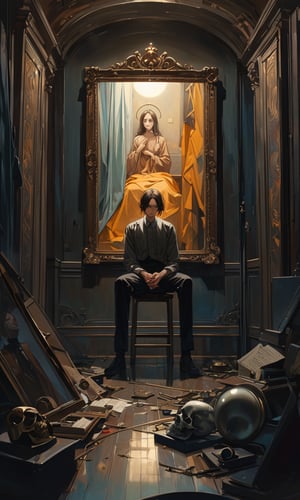 A masterpiece with best quality and ultra-detailed features, showcasing extreme and intricate detail. The scene is a surreal, dimly lit room with eerie, atmospheric lighting. A figure, embodying a sense of existential dread, sits in a chair, surrounded by shadows and faint, unsettling whispers. The figure appears to be in a state of deep contemplation, with a mix of fear and curiosity in their eyes. The room is adorned with symbolic elements such as a crucifix, a mirror reflecting a distorted image, and a clock with its hands spinning erratically. The composition captures the figure from a slightly elevated angle, emphasizing their vulnerability and the overwhelming sense of impending doom. The background features abstract, dark, and twisted forms that represent the chaotic and freaky themes conveyed in the lyrics. The overall atmosphere is one of tension, introspection, and the struggle between listening and resisting the haunting voice, encapsulating the essence of the song's narrative.,Masterpiece,Ultra-Detailed,Best Quality,Intricate Detail,Extreme Detail,Expressive eyes,perfect face,perfect features,perfect hands