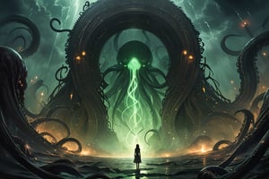 Epic, catastrophic scene of a colossal, ethereal Lovecraftian gate opening, shattering reality into another dimension filled with eldritch horrors. A woman in the distance is silhouetted, facing the oncoming darkness. The gate, adorned with ancient, glowing runes and tentacles, breaks open, revealing Lovecraftian horrors, including hidden figures of Slenderman and Cthulhu. Cinematic wide shot, ominous, dark, eerie atmosphere, dramatic lighting, and detailed, chaotic composition. Add swirling mists, floating particles, and otherworldly, ethereal elements. Enhanced scale, intensity, and grandeur.,Masterpiece,Ultra-Detailed,Best Quality,Intricate Detail,Extreme Detail,Expressive eyes,perfect face,perfect features,perfect hands