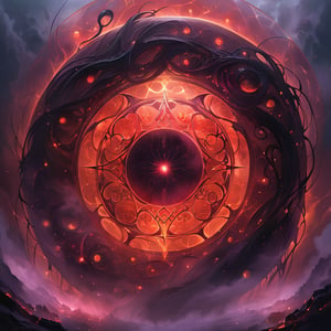 A close-up shot of a large, intricate circle composed of swirling black and red magical energies, infused with Lovecraftian influence. Occult symbols etched throughout the circle emit a mist-like, eerie purple glow, blending into a thick, magical fog that surrounds the image. Massive black tendrils, writhing and pulsating, emit from behind the glowing circle and symbols, with ten times more tendrils creating a dense, chaotic web of darkness. In the center of the image, H4 glows ominously, made of magical dark energies. The scene is enveloped in a haunting, otherworldly atmosphere, with the glow casting an ethereal light through the fog.,Masterpiece,Ultra-Detailed,Best Quality,Intricate Detail,Extreme Detail,Expressive eyes,perfect face,perfect features,perfect hands