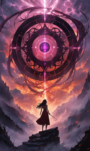 A close-up shot of a large, intricate circle composed of swirling black and red magical energies, infused with Lovecraftian influence, set against an apocalyptic backdrop. Occult symbols etched throughout the circle emit a mist-like, eerie purple glow, blending into a thick, magical fog that surrounds the image. Massive black tendrils, writhing and pulsating, emit from behind the glowing circle and symbols, with ten times more tendrils creating a dense, chaotic web of darkness. In the center of the image, H4 glows ominously, made of magical dark energies. A woman stands at the precipice of the portal, holding firm and standing her ground bravely, her determined expression illuminated by the eerie glow. The scene is enveloped in a haunting, otherworldly atmosphere, with the glow casting an ethereal light through the fog. The sky is filled with dark, swirling clouds and lightning, adding to the apocalyptic feel.,Masterpiece,Ultra-Detailed,Best Quality,Intricate Detail,Extreme Detail,Expressive eyes,perfect face,perfect features,perfect hands