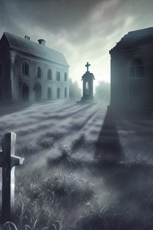 An elaborate graveyard attached to a derelict, worn-down and abandoned church, with boarded-up windows and falling apart walls. The graveyard is immaculate, with pristine tombstones under a midnight sky filled with a starry night. Epic scenery captures the contrast between the decaying church and the well-kept graveyard, with melting shadows adding an eerie, surreal touch to the scene.