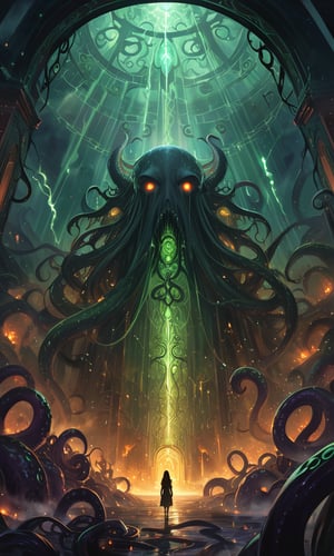 Epic, catastrophic scene of a colossal, ethereal Lovecraftian gate opening, shattering reality into another dimension filled with eldritch horrors. A woman in the distance is silhouetted, facing the oncoming darkness. The gate, adorned with ancient, glowing runes and tentacles, breaks open, revealing Lovecraftian horrors, including hidden figures of Slenderman and Cthulhu. Cinematic wide shot, ominous, dark, eerie atmosphere, dramatic lighting with purple, red, green, and yellow hues, and detailed, chaotic composition. Add swirling mists, floating particles, magical energies in the form of mystical strings and threads, and otherworldly, ethereal elements. Enhanced scale, intensity, and grandeur.,Masterpiece,Ultra-Detailed,Best Quality,Intricate Detail,Extreme Detail,Expressive eyes,perfect face,perfect features,perfect hands