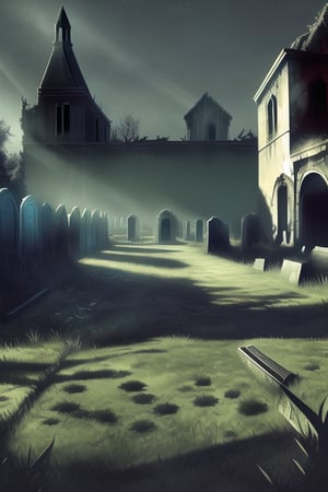 An elaborate graveyard attached to a derelict, worn-down and abandoned church, with boarded-up windows and falling apart walls. The graveyard is immaculate, with pristine tombstones under a midnight sky filled with a starry night. Epic scenery captures the contrast between the decaying church and the well-kept graveyard, with melting shadows adding an eerie, surreal touch to the scene.