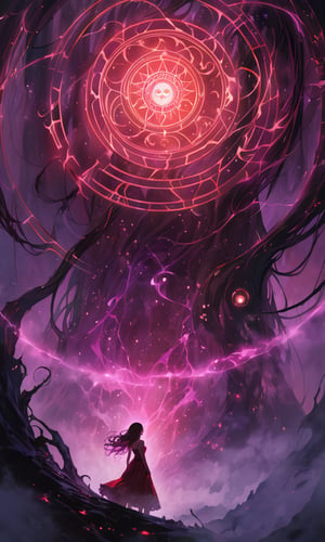 A close-up shot of a large, intricate circle composed of swirling black and red magical energies, infused with Lovecraftian influence. Occult symbols etched throughout the circle emit a mist-like, eerie purple glow, blending into a thick, magical fog that surrounds the image. Massive black tendrils, writhing and pulsating, emit from behind the glowing circle and symbols, with ten times more tendrils creating a dense, chaotic web of darkness. In the center of the image, H4 glows ominously, made of magical dark energies. A woman stands at the precipice of the portal, holding firm and standing her ground bravely, her determined expression illuminated by the eerie glow. The scene is enveloped in a haunting, otherworldly atmosphere, with the glow casting an ethereal light through the fog.,Masterpiece,Ultra-Detailed,Best Quality,Intricate Detail,Extreme Detail,Expressive eyes,perfect face,perfect features,perfect hands