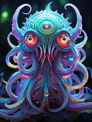 Eldritch Monster, Cutesy, Massive fangs, tentacles, no humans, 3 massive eyes, each eye a different color, glowing eyes, hyperrealistic, hyper detailed, extreme detail, ultra-detailed, masterpiece, best quality, intricate details, elaborate detail, filigree, ethereal atmosphere, fantasy, magical, alternate dimension, sharp, crystal clear, eldritch abomination, chaos incarnate