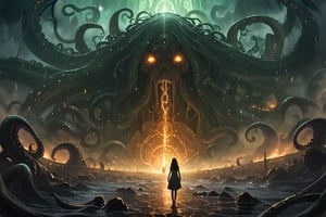 Epic, catastrophic scene of a colossal, ethereal Lovecraftian gate opening, shattering reality into another dimension filled with eldritch horrors. A woman in the distance is silhouetted, facing the oncoming darkness. The gate, adorned with ancient, glowing runes and tentacles, breaks open, revealing Lovecraftian horrors, including hidden figures of Slenderman and Cthulhu. Cinematic wide shot, ominous, dark, eerie atmosphere, dramatic lighting, and detailed, chaotic composition. Add swirling mists, floating particles, and otherworldly, ethereal elements. Enhanced scale, intensity, and grandeur.,Masterpiece,Ultra-Detailed,Best Quality,Intricate Detail,Extreme Detail,Expressive eyes,perfect face,perfect features,perfect hands