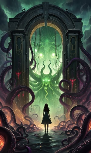 Epic, catastrophic scene of a colossal, ethereal Lovecraftian gate opening, shattering reality into another dimension filled with eldritch horrors. A woman in the distance is silhouetted, facing the oncoming darkness, while being fucked doggy style. The gate, adorned with ancient, glowing runes and tentacles, breaks open, revealing Lovecraftian horrors, including hidden figures of Slenderman and Cthulhu. Cinematic wide shot, ominous, dark, eerie atmosphere, dramatic lighting with purple, red, green, and yellow hues, and detailed, chaotic composition. Add swirling mists, floating particles, magical energies in the form of mystical strings and threads, and otherworldly, ethereal elements. Enhanced scale, intensity, and grandeur.,Masterpiece,Ultra-Detailed,Best Quality,Intricate Detail,Extreme Detail,Expressive eyes,perfect face,perfect features,perfect hands