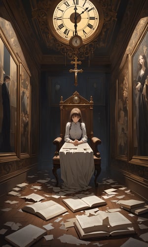 A masterpiece with best quality and ultra-detailed features, showcasing extreme and intricate detail. The scene is a surreal, dimly lit room with eerie, atmospheric lighting, casting long shadows that dance across the walls. A figure, embodying a sense of existential dread, sits in a chair, their posture tense and reflective. The figure's face is a canvas of complex emotions—fear, curiosity, and a hint of madness. Their eyes, wide and haunted, seem to peer into an unseen abyss.

The room is meticulously detailed, with symbolic elements that enhance the narrative: a crucifix hanging askew on the wall, a mirror reflecting a fragmented, distorted image of the figure, and a clock with its hands spinning erratically, symbolizing the chaotic passage of time. The floor is scattered with torn pages from a book, each bearing cryptic, unsettling text.

The composition captures the figure from a slightly elevated angle, emphasizing their vulnerability and the overwhelming sense of impending doom. The background features abstract, dark, and twisted forms that represent the chaotic and freaky themes conveyed in the lyrics. These forms are rendered with intricate detail, each curve and shadow adding to the oppressive atmosphere.

The lighting is carefully crafted to highlight the figure's face and the key elements in the room, casting dramatic contrasts that enhance the sense of unease. The overall atmosphere is one of tension, introspection, and the struggle between listening and resisting the haunting voice, encapsulating the essence of the song's narrative with refined and detailed execution.,Masterpiece,Ultra-Detailed,Best Quality,Intricate Detail,Extreme Detail,Expressive eyes,perfect face,perfect features,perfect hands