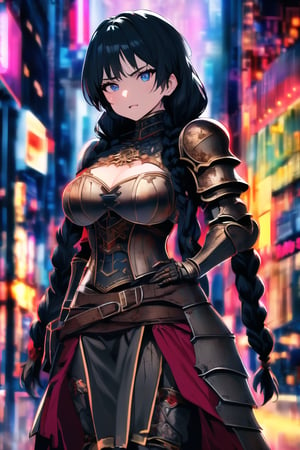 A stunning 1girl solo masterpiece stands out against the neon-drenched backdrop of a modern city. Amidst the bustling streets and midnight cityscape, she wears ultra-detailed, battle-worn armor that accentuates her perfect features and hands. Her long, black hair flows in intricate twin braids down her back, framing her expressive eyes that lock onto the viewer with an air of awkwardness, as if out of place in this modern setting. The Doppler effect of city lights creates a sense of motion, while her midriff-baring armor and navel-high reveal exude a sultry, sexy vibe.