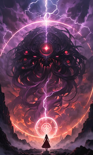 A close-up shot of a large, intricate circle composed of swirling black and red magical energies, infused with Lovecraftian influence, set against an apocalyptic backdrop. Occult symbols etched throughout the circle emit a mist-like, eerie purple glow, blending into a thick, magical fog that surrounds the image. Massive black tendrils, writhing and pulsating, emit from behind the glowing circle and symbols, with ten times more tendrils creating a dense, chaotic web of darkness. In the center of the image, H4 glows ominously, made of magical dark energies. A woman stands at the precipice of the portal, holding firm and standing her ground bravely, her determined expression illuminated by the eerie glow. The scene is enveloped in a haunting, otherworldly atmosphere, with the glow casting an ethereal light through the fog. The sky is filled with dark, swirling clouds and lightning, adding to the apocalyptic feel.,Masterpiece,Ultra-Detailed,Best Quality,Intricate Detail,Extreme Detail,Expressive eyes,perfect face,perfect features,perfect hands