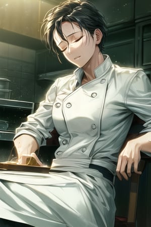 An image of a chef, after work, with a look of relief and relaxation, laying back on a chair with legs spread, eyes closed in a peaceful state. She wears an open chef jacket, revealing her form-fitting outfit. The shot is framed in a close-up, with soft lighting highlighting her relaxed expression and the worn-out atmosphere. The background shows a dimly lit kitchen, emphasizing her fatigue and sense of relief.,MASTERPIECE,BEST QUALITY,ULTRA-DETAILED,INTRICATE DETAIL,EXTREME DETAIL,ELBORATE DETAILS