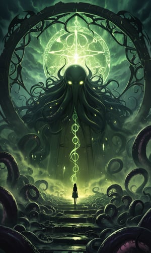 Epic, disastrous scene of a massive, ethereal Lovecraftian gate opening, shattering reality into another dimension filled with eldritch horrors. A woman in the distance is silhouetted, facing the oncoming darkness. The gate, adorned with ancient, glowing runes and tentacles, breaks open, revealing Lovecraftian horrors, including hidden figures of Slenderman and Cthulhu. Cinematic wide shot, dark, eerie atmosphere, dramatic lighting, and detailed, chaotic composition. Add swirling mists, floating particles, and otherworldly, ethereal elements.,Masterpiece,Ultra-Detailed,Best Quality,Intricate Detail,Extreme Detail,Expressive eyes,perfect face,perfect features,perfect hands