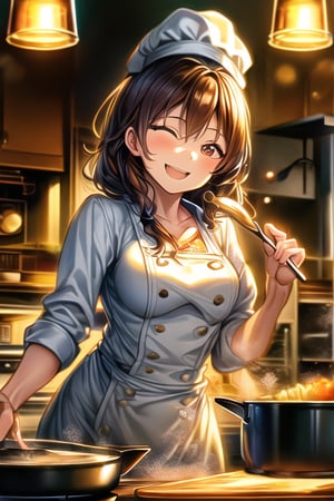 A masterpiece image of a petite cute girl wearing an extremely form-fitting chef outfit with a chef hat, confidently smiling while working in a busy kitchen at the stove. She is actively stirring a pot, framed in a mid-shot, ultra-detailed with intricate facial features and perfect face. The scene is lit with warm kitchen lighting, highlighting her confident smile and the bustling kitchen environment. Her outfit tightly hugs her petite figure, with the chef hat adding a touch of charm.,MASTERPIECE,BEST QUALITY,ULTRA-DETAILED,INTRICATE DETAIL,EXTREME DETAIL,ELBORATE DETAILS