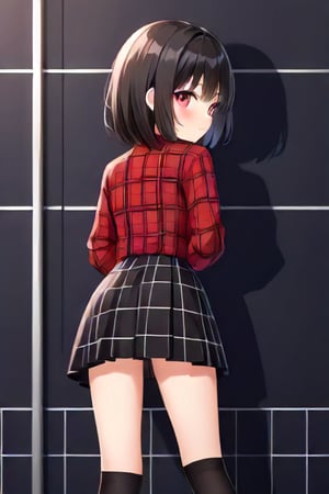 A petite goth girl, back to viewer, lifting her skirt slightly, revealing knee-highs. She wears a red and black flannel shirt tied up front, braless, with a hint of toplessness under the shirt. The shot is mid-body, with dramatic lighting emphasizing her silhouette and the contrast of her outfit.,masterpiece:1.3,ultra-detailed:1.3,intricate detail:1.3,best quality:1.3