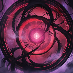 A close-up shot of a large, intricate circle composed of swirling black and red magical energies, infused with Lovecraftian influence. Occult symbols etched throughout the circle emit a mist-like, eerie purple glow, blending into a thick, magical fog that surrounds the image. Massive black tendrils, writhing and pulsating, emit from behind the glowing circle and symbols, with ten times more tendrils creating a dense, chaotic web of darkness. The scene is enveloped in a haunting, otherworldly atmosphere, with the glow casting an ethereal light through the fog.,Masterpiece,Ultra-Detailed,Best Quality,Intricate Detail,Extreme Detail,Expressive eyes,perfect face,perfect features,perfect hands