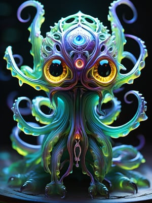 Eldritch Monster, Cutesy, Massive fangs, tentacles, no humans, 3 massive eyes, each eye a different color, glowing eyes, hyperrealistic, hyper detailed, extreme detail, ultra-detailed, masterpiece, best quality, intricate details, elaborate detail, filigree, ethereal atmosphere, fantasy, magical, alternate dimension, sharp, crystal clear, eldritch abomination, chaos incarnate,Ap0l0gr4ph1c