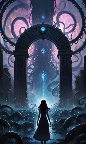 Epic, disastrous scene of a massive, ethereal Lovecraftian gate opening, shattering reality into another dimension filled with eldritch horrors. A woman in the distance is silhouetted, facing the oncoming darkness. The gate, adorned with ancient, glowing runes and tentacles, breaks open, revealing Lovecraftian horrors. Cinematic wide shot, dark, eerie atmosphere, dramatic lighting, and detailed, chaotic composition. Add swirling mists, floating particles, and otherworldly, ethereal elements.,Masterpiece,Ultra-Detailed,Best Quality,Intricate Detail,Extreme Detail,Expressive eyes,perfect face,perfect features,perfect hands