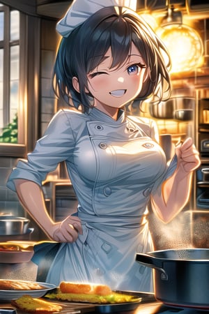 A masterpiece image of a petite cute girl wearing an extremely form-fitting chef outfit with a chef hat, confidently smiling while working in a busy kitchen at the stove. She is actively stirring a pot, framed in a mid-shot, ultra-detailed with intricate facial features and perfect face. The scene is lit with warm kitchen lighting, highlighting her confident smile and the bustling kitchen environment. Her outfit tightly hugs her petite figure, with the chef hat adding a touch of charm.,MASTERPIECE,BEST QUALITY,ULTRA-DETAILED,INTRICATE DETAIL,EXTREME DETAIL,ELBORATE DETAILS