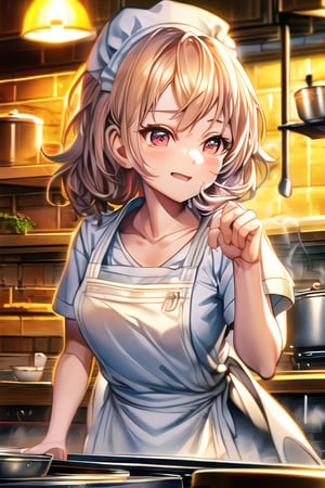 A masterpiece image of a petite cute girl wearing a chef hat, working in a busy kitchen at the stove. She strikes a cute pose with expressive eyes, framed in a close-up shot, ultra-detailed with intricate facial features and perfect face. The scene is lit with warm kitchen lighting, highlighting her adorable expression and the bustling kitchen environment.,MASTERPIECE,BEST QUALITY,ULTRA-DETAILED,INTRICATE DETAIL,EXTREME DETAIL,ELBORATE DETAILS