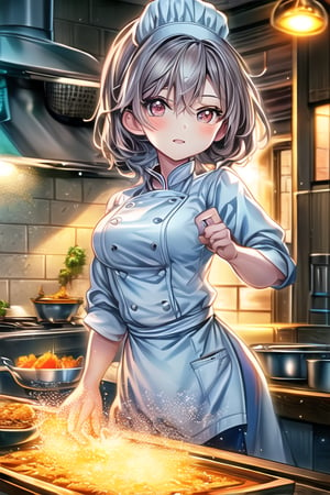 A masterpiece image of a petite cute girl wearing a form-fitting chef outfit with a chef hat, working in a busy kitchen at the stove. She strikes a cute pose with expressive eyes, framed in a close-up shot, ultra-detailed with intricate facial features and perfect face. The scene is lit with warm kitchen lighting, highlighting her adorable expression and the bustling kitchen environment. Her outfit accentuates her petite figure, with the chef hat adding a touch of charm.,MASTERPIECE,BEST QUALITY,ULTRA-DETAILED,INTRICATE DETAIL,EXTREME DETAIL,ELBORATE DETAILS