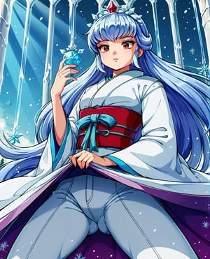 score_9, score_8_up, score_7_up, source_anime, 1girl, OyukiUYXL, red eyes, blue hair, long hair, bangs, sidelocks, hair ornament, white kimono, red sash, young face. In a snow-capped castle's grand hall, an enormous icicle adorns the ceiling. A frozen throne sits atop a dais, its icy surface glistening in the soft, wintry light. A young woman sits regally upon the throne, her hand resting against her chin as she ponders deeply. Her serious gaze is framed by wide, almond-shaped eyes that seem to hold secrets within. The delicate features of her face are set off by a crown of gleaming ice, its points and curves echoing the frosty architecture around her. from below, perineum focus,