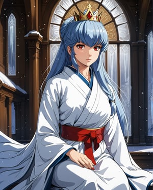 score_9, score_8_up, score_7_up, source_anime, 1girl, OyukiUYXL, red eyes, blue hair, long hair, bangs, sidelocks, hair ornament, white kimono, red sash, young face. In a snow-capped castle's grand hall, an enormous icicle adorns the ceiling. A frozen throne sits atop a dais, its icy surface glistening in the soft, wintry light. A young woman sits regally upon the throne, her hand resting against her chin as she ponders deeply. Her serious gaze is framed by wide, almond-shaped eyes that seem to hold secrets within. The delicate features of her face are set off by a crown of gleaming ice, its points and curves echoing the frosty architecture around her. from below, perineum focus,anime screencap,score_anime