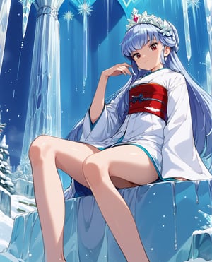 score_9, score_8_up, score_7_up, source_anime, 1girl, OyukiUYXL, red eyes, blue hair, long hair, bangs, sidelocks, hair ornament, white kimono, red sash, young face. In a snow-capped castle's grand hall, an enormous icicle adorns the ceiling. A frozen throne sits atop a dais, its icy surface glistening in the soft, wintry light. A young woman sits regally upon the throne, her hand resting against her chin as she ponders deeply. Her serious gaze is framed by wide, almond-shaped eyes that seem to hold secrets within. The delicate features of her face are set off by a crown of gleaming ice, its points and curves echoing the frosty architecture around her. from below, perineum focus,anime screencap,score_anime